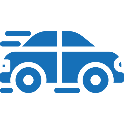 A blue car with motion lines, symbolizing speed and travel. Represents car-related content, emphasizing quick transportation options.
