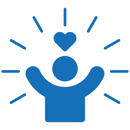 Blue icon of a person with arms raised in celebration, a heart above their head, symbolizing joy and positivity. Represents personal fulfillment and well-being.