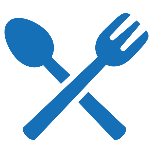 Blue silhouette of a spoon crossed with a fork, symbolizing food and dining, relevant for restaurant or cooking-related content.