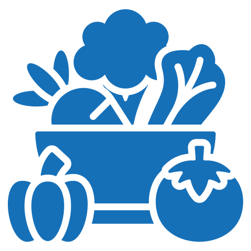 A blue graphic featuring a basket filled with various vegetables, including broccoli, carrots, and leafy greens, alongside a pumpkin and tomato.