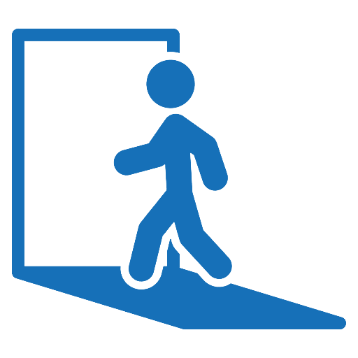 A blue silhouette of a person walking through an open doorway, symbolizing transition or new opportunities.