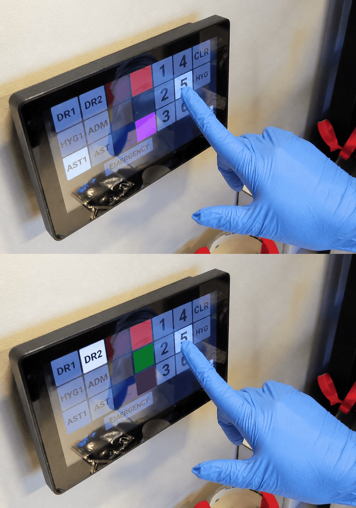 A hand in a blue glove interacts with a touchscreen control panel displaying various buttons and options, indicating its use in a medical or laboratory setting.